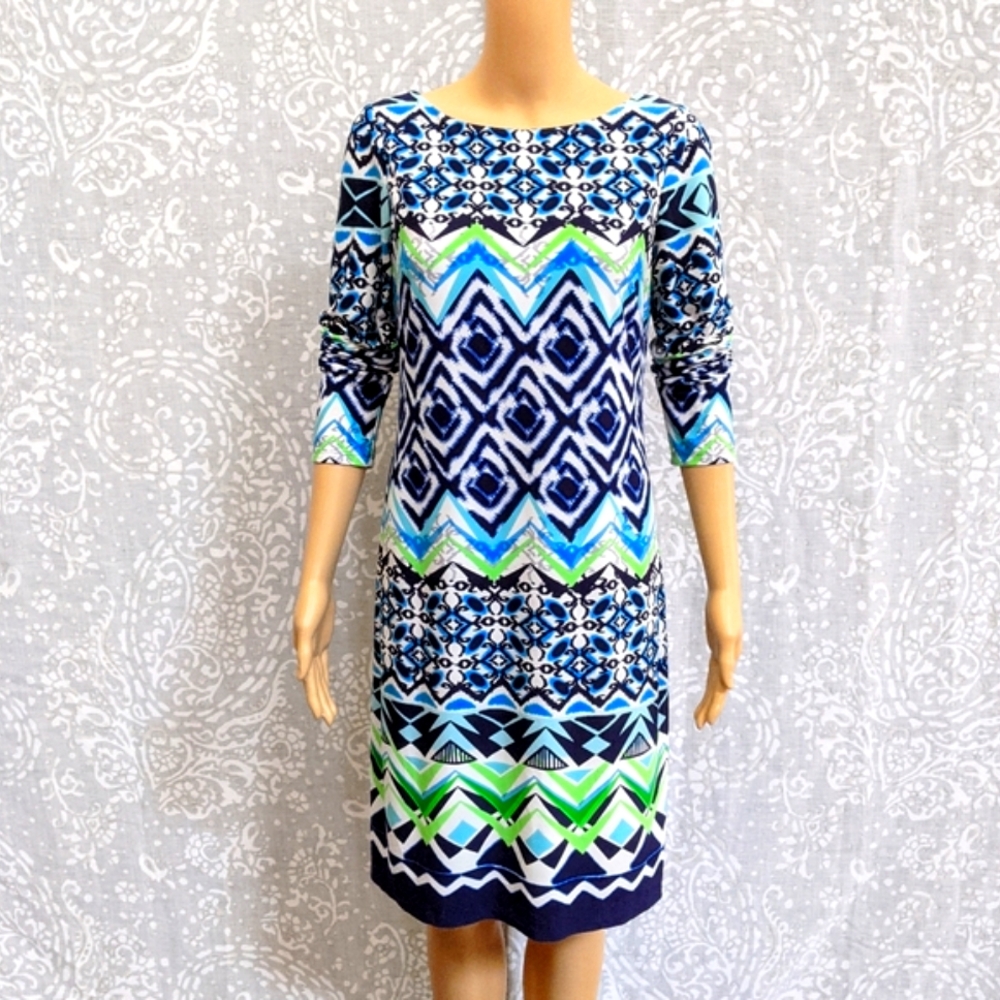 Vince Camuto Long Sleeve Colorful Pattern Shift Dress